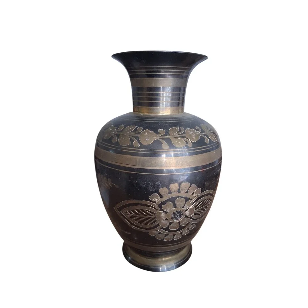 Vintage Floral Leafy Etched Brass Vases‎ Made in India Home Decor